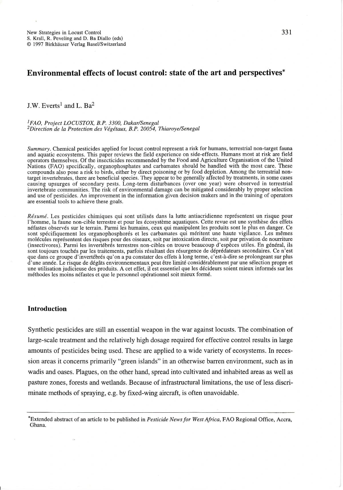 Couverture générée depuis le document : Environmental effects of locust control: state of the art and perspectives