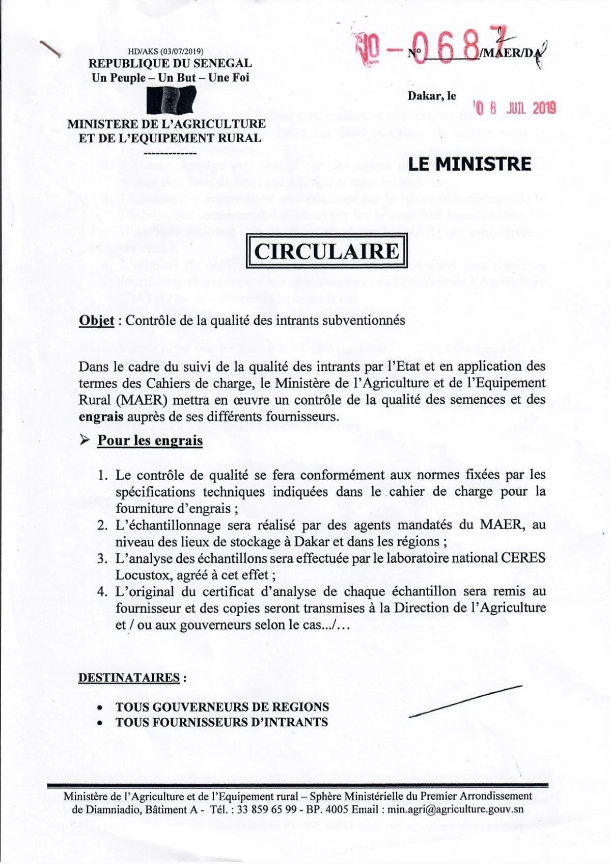 Couverture générée depuis le document : Circulaire N° – 0687/MAER/DA du 08 juillet 2019
