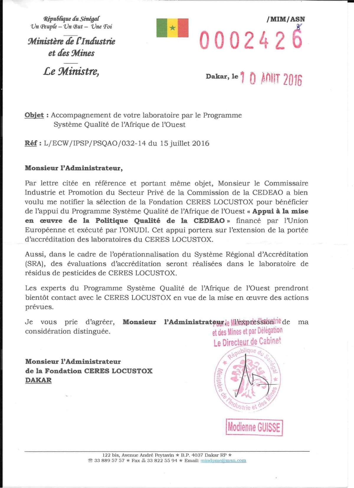Couverture générée depuis le document : Notification de la Sélection du CERES-Locustox par la CEDEAO dans le cadre du Programme Système Qualité de l'Afrique de l'Ouest
