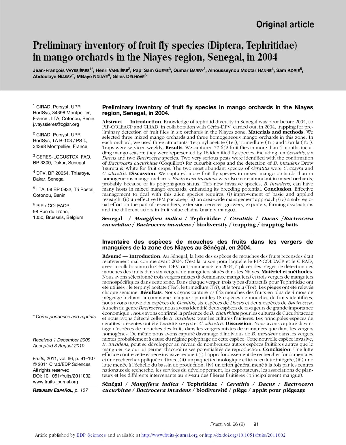 Couverture générée depuis le document : Inventaire des espèces de mouches des fruits dans les vergers de manguiers de la zone des Niayes au Sénégal, en 2004