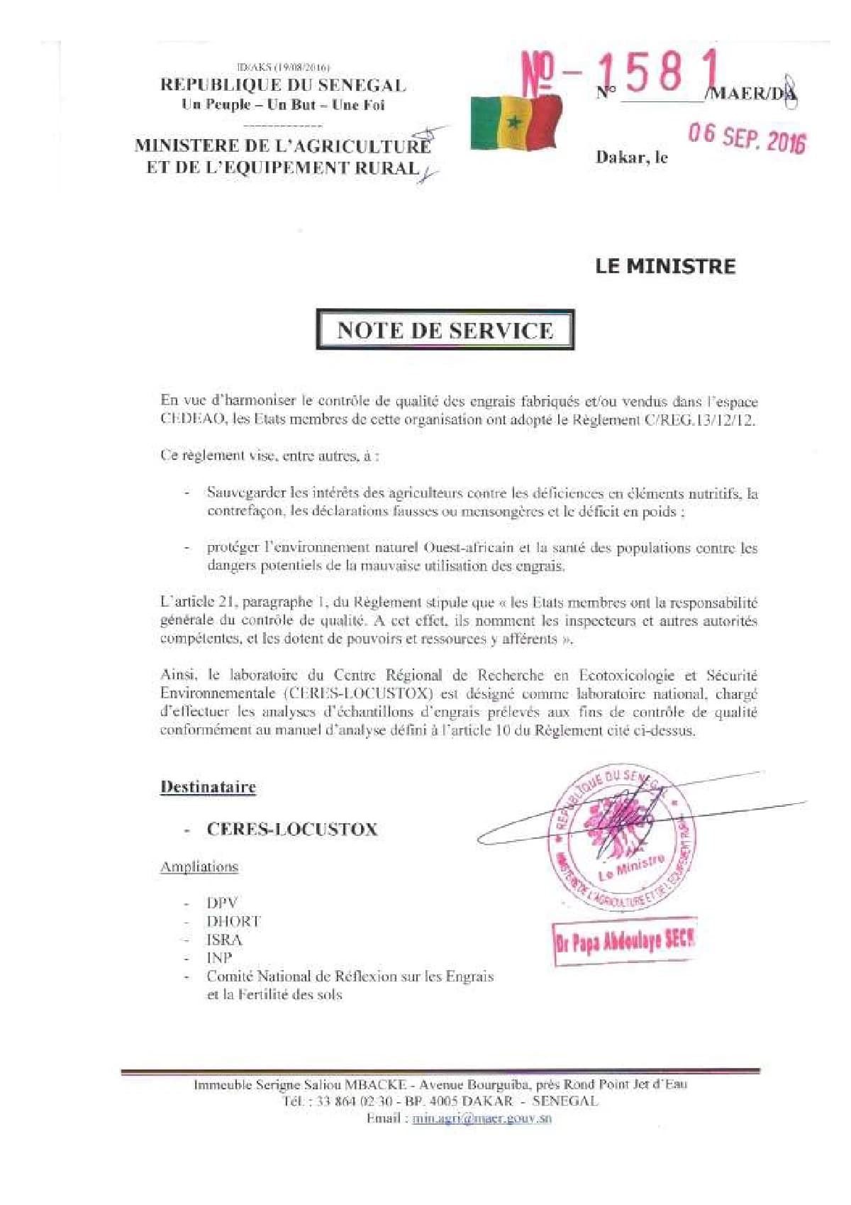 Couverture générée depuis le document : Note de service n°1581 MAER-DA du 06-09-2016