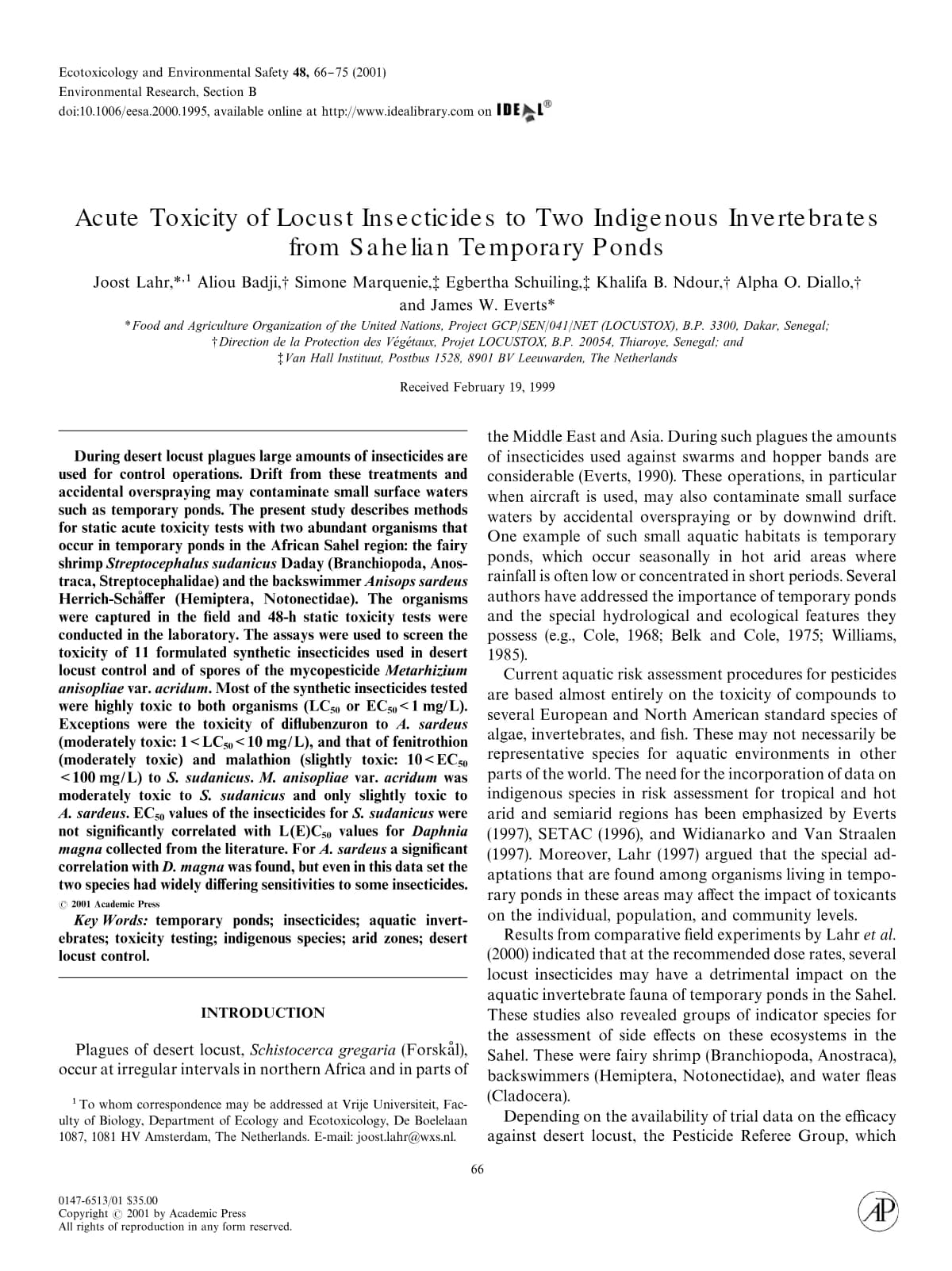 Couverture générée depuis le document : Acute Toxicity of Locust Insecticides to Two Indigenous Invertebrates from Sahelian Temporary Ponds