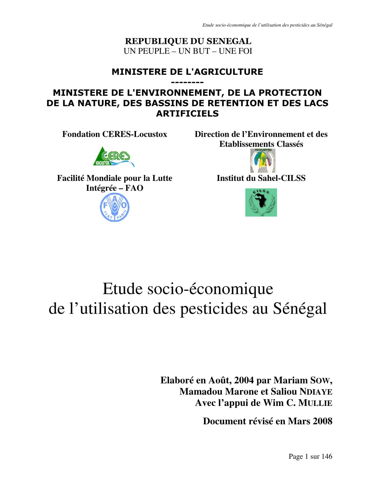 Couverture générée depuis le document : Etude Socio-économique de l'utilisation des pesticides au Sénégal
