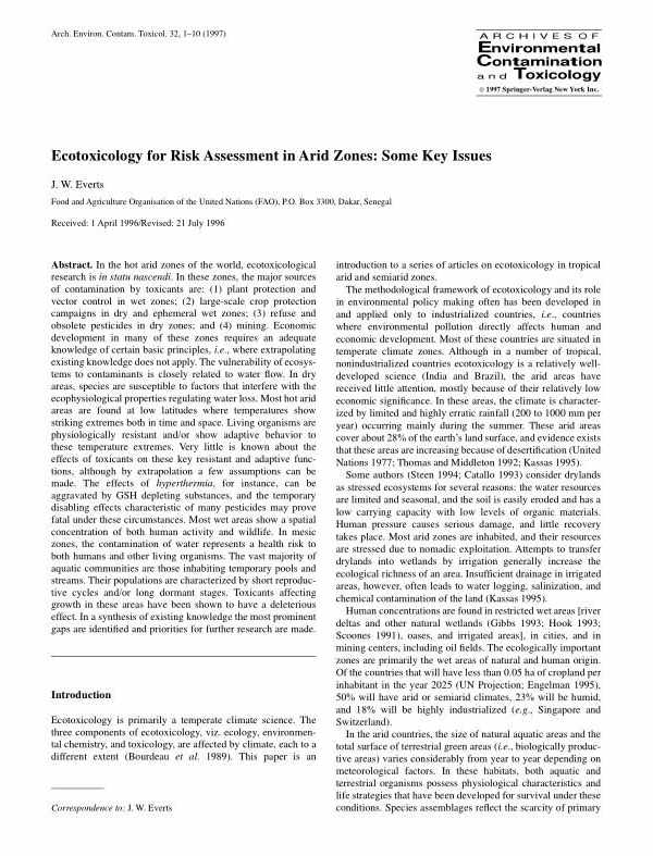 Ecotoxicology for Risk Assessment in Arid Zones : Some Key Issues