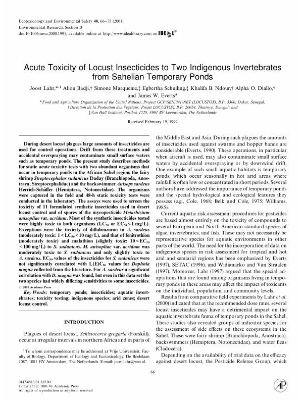 Acute Toxicity of Locust Insecticides to Two Indigenous Invertebrates from Sahelian Temporary Ponds