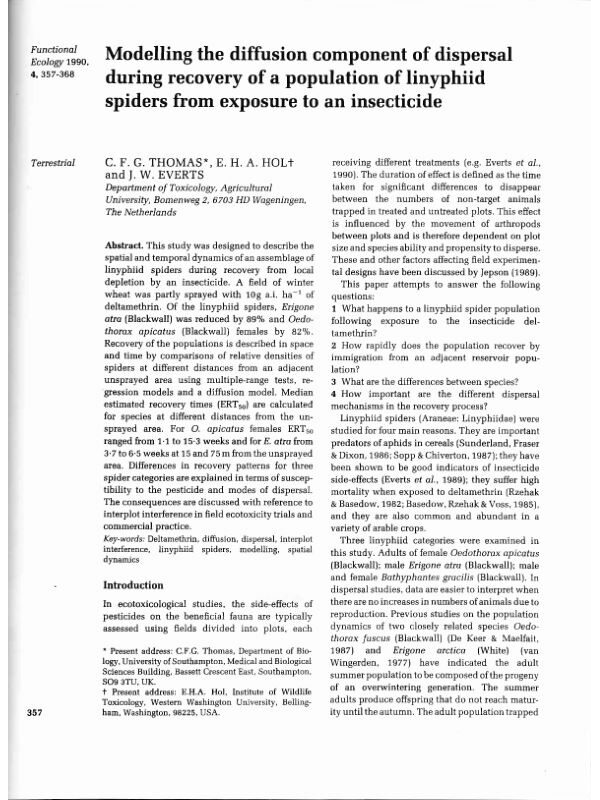 Modelling the diffusion component of dispersal during recovery of a population of linyphiid spiders from exposure to an insecticide