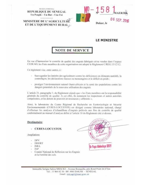 Note de service n°1581 MAER-DA du 06-09-2016