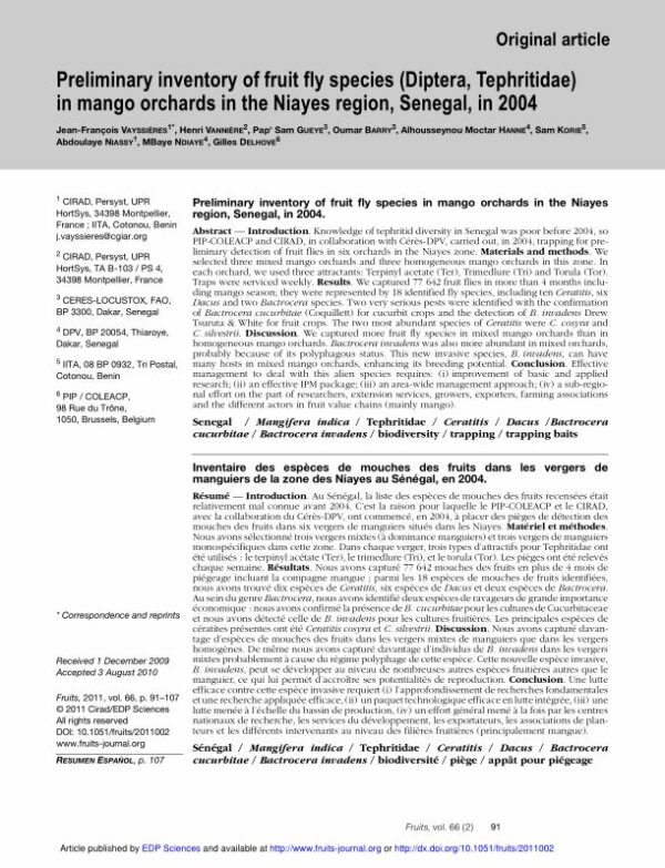 Inventaire des espèces de mouches des fruits dans les vergers de manguiers de la zone des Niayes au Sénégal, en 2004