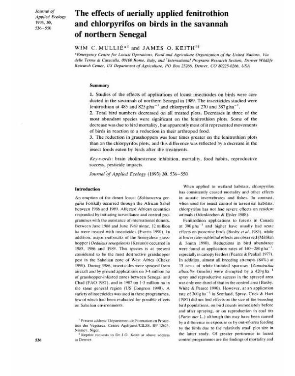 The efTects of aerially applied fenitrothion and chlorpyrifos on birds in the savannah of northern Senegal